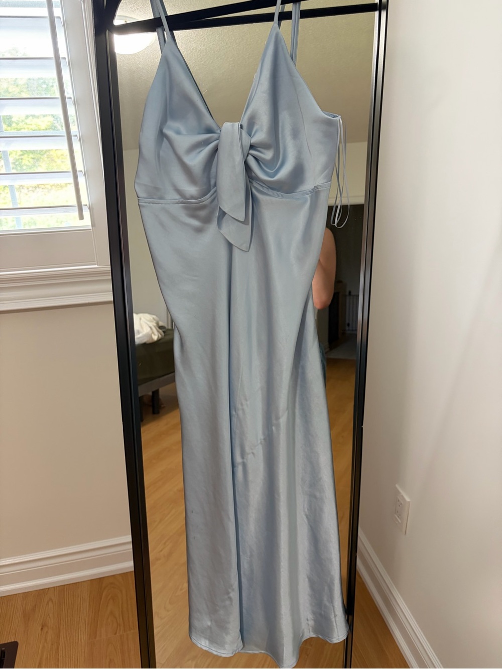 Honeylove Pale Blue Satin Midi Slip Dress with Front Knot